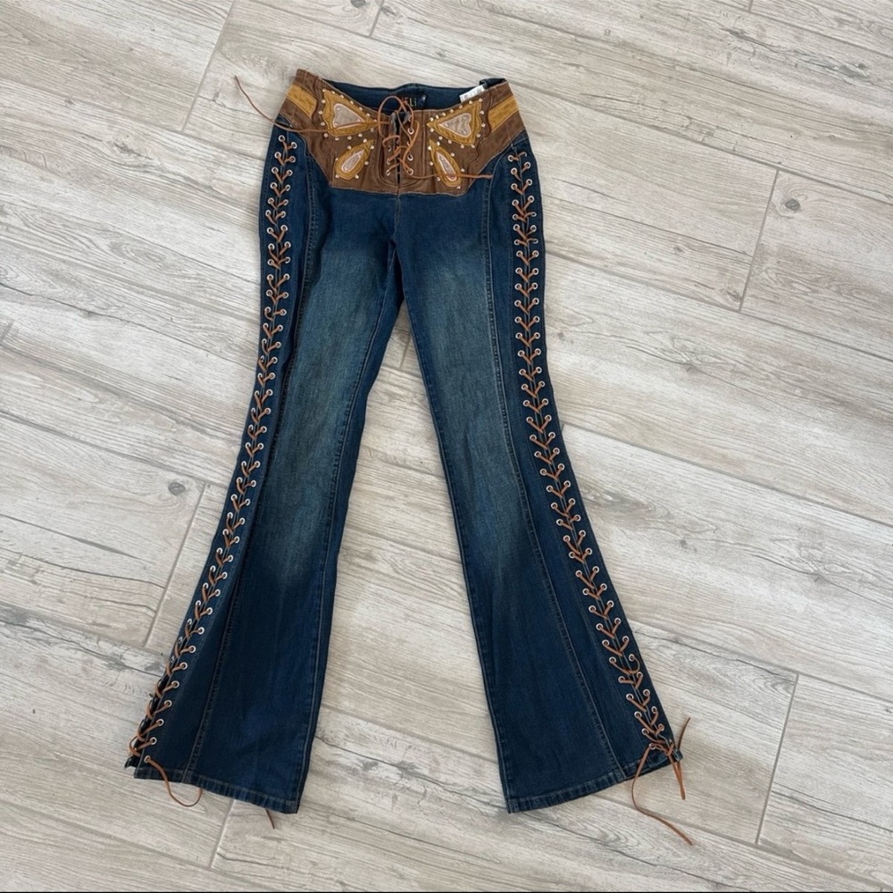 Women's dollskill y2k cause no drama Blue and Brown Lace-Up flare Jeans
